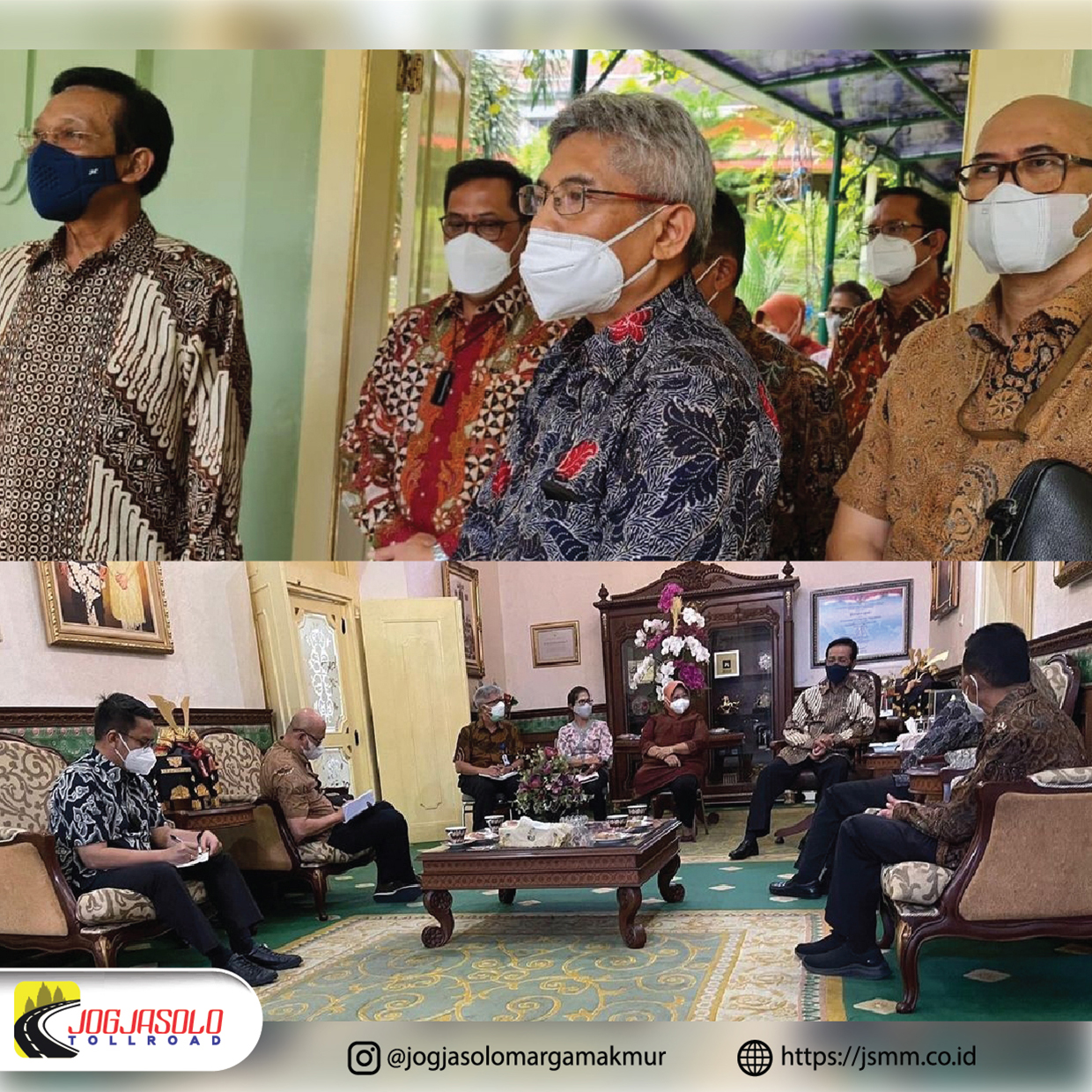 Gubernur DIY, Sri Sultan HB X didampingi Ketua Tim Pelaksana Percepatan Pembangunan Program Prioritas (TP5) DIY, Rani Sjamsinarsi menerima audiensi Dirjen Bina Marga Dr. Ir Hedy Rahadian.MSc, Kementerian Pekerjaan Umum Perumahan Rakyat RI pada Jum’at (05/11) di Gedung Wilis, Kompleks Kepatihan, Yogyakarta.

Direktur Utama PT Jogjasolo Marga Makmur Adrian Priohutomo turut hadir dalam kegiatan tersebut bersama Kepala BPJT beserta jajarannya. Salah satu agenda dalam audiensi ini adalah Penyampaian Perkembangan Jalan Tol Solo – Yogyakarta -YIA Kulon Progo.

Dalam kesempatan akhir penjelasannya, Hedy Rahadian mengucapkan terima kasih kepada Sri Sultan HB X karena telah mendukung rencana Pembangunan Jalan Bebas Hambatan Solo - Yogyakarta - Kulon Progo.
